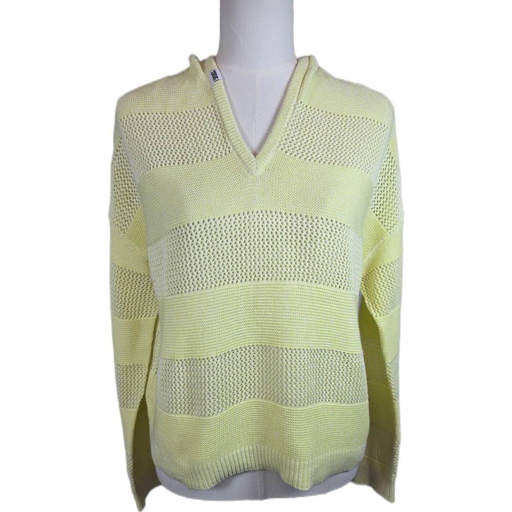 DKNY Jeans Lemon Yellow Striped Cotton Open Knit Crochet Hooded Sweater